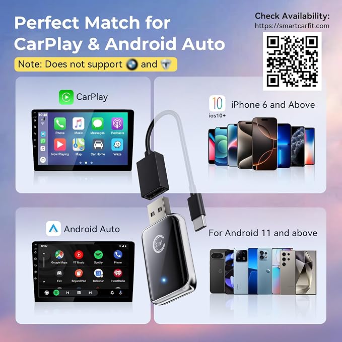 Wireless Carplay Adapter for iPhone, Convert Wired Car play to Wireless, 2 in 1 Plug and Play Mini CarPlay and Android Auto Adapter for iOS 10 Android 11 and Above, Cars with Built-in Carplay (Black)