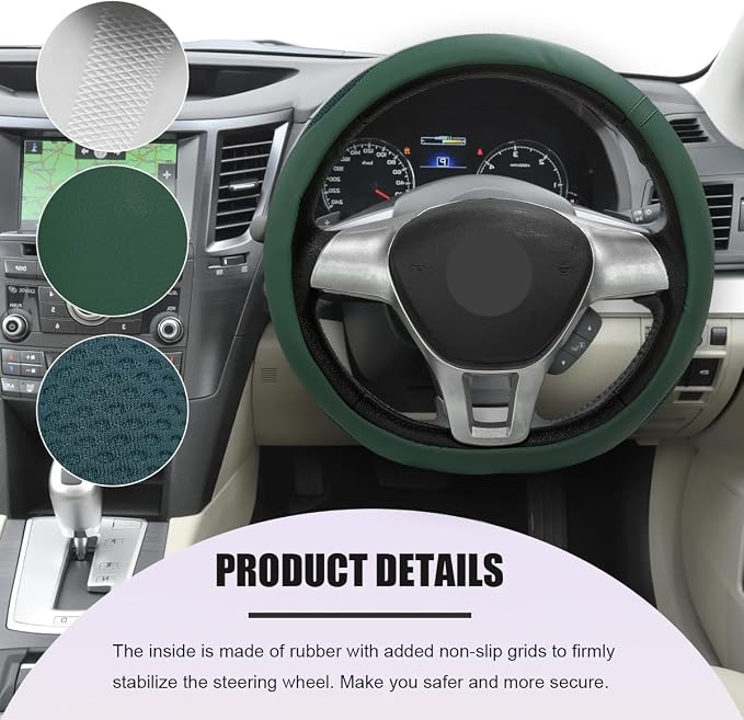 Car Steering Wheel Cover, Leather Breathable Ice Silk Auto Wheel Wrap with Anti-Slip Lining, Scratch-Resistant Elastic Protector Fit for 14.5-15 Inch Steering Wheels (Green)