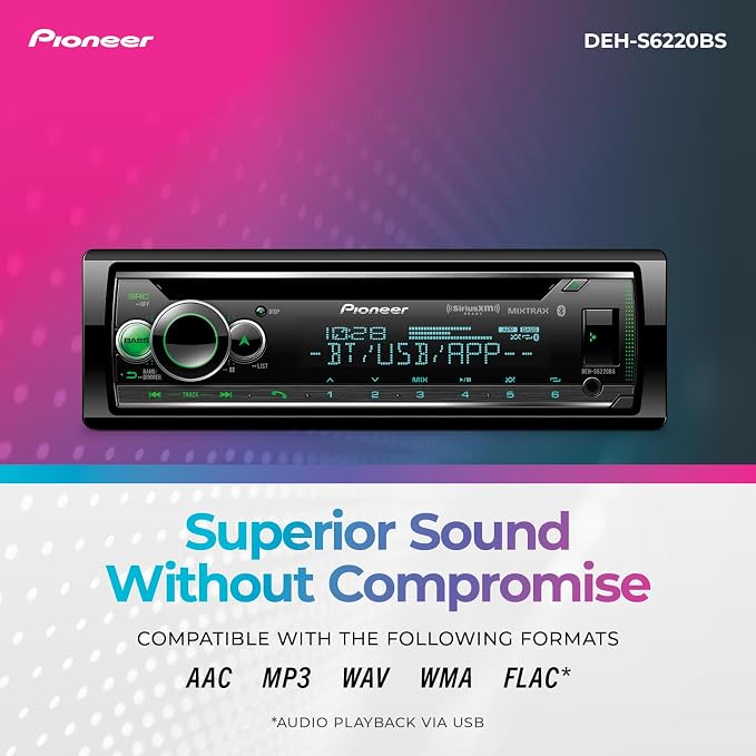 DEH-S6220BS 1-Din CD Receiver – Bluetooth, SiriusXM, USB/AUX, Color Change, FLAC, AM/FM, Detachable Face, 13-Band EQ, 50W x 4, Voice Control, Hi-Volt RCA Preouts
