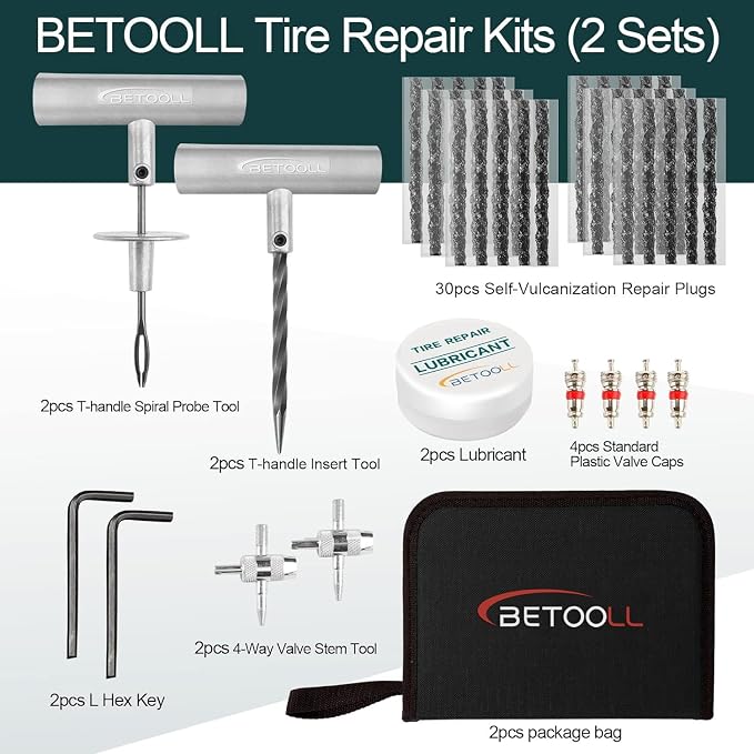 Tire Repair Kit, Sets of 2-24pcs Professional Heavy Duty Universal Emergency Flat Tire Repair Kit, for car Motorcycle, Truck, Golf Cart, ATV, Tractor, ARB, RV, SUV, Trailer etc.(Black)