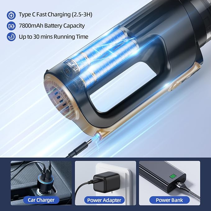 Mini Vacuum Cleaner for Car, 18000Pa 2 in 1 Vacuum Cleaner&Air Duster, 130W Brushless Motor Handheld Vacuum Cordless with 7800mAh Battery, LED Light, Multi-Nozzles for Home, Office, Pet