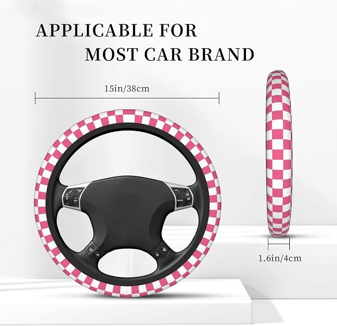 Pink Checkered Steering Wheel Cover for Women,Universal Auto Steering Wheel 14-15 Inch Car Interior Accessories with 2PCS Car Coasters,Suitable for Men and Women