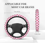 Pink Checkered Steering Wheel Cover for Women,Universal Auto Steering Wheel 14-15 Inch Car Interior Accessories with 2PCS Car Coasters,Suitable for Men and Women