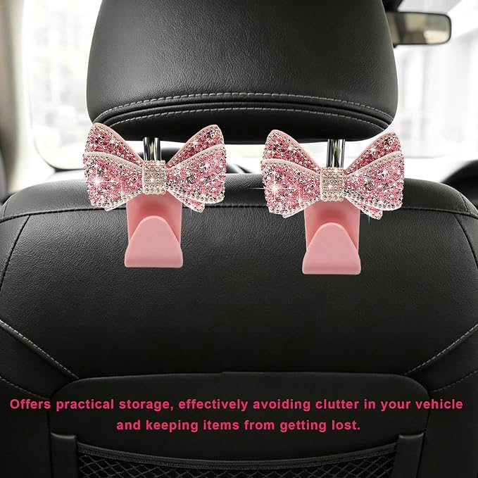 2PCS Bling Bow Car Seat Headrest Hooks, S-Type Crystal Auto Rear Seat Organizer for Handbags Purses Groceries, Cute Rhinestone Bow Seats Back Storage Hook for SUV Truck Sedan (Pink)