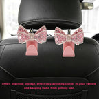 2PCS Bling Bow Car Seat Headrest Hooks, S-Type Crystal Auto Rear Seat Organizer for Handbags Purses Groceries, Cute Rhinestone Bow Seats Back Storage Hook for SUV Truck Sedan (Pink)