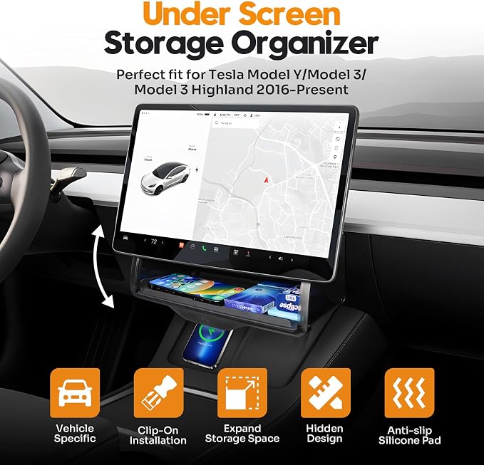 Hidden Under Screen Storage Box for 2016-2026 Tesla Model Y/Model 3 Accessories,One‐Click Open & Silent Damping Slides Center Console Organizer (Fit New Model Y Juniper/Model 3 Highland)