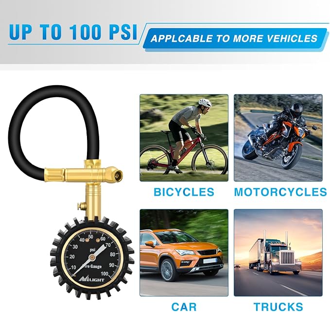 Tire Pressure Gauge 100PSI Heavy Duty Large 2" Glow Dial ANSI B40.1 Certified Air Chucks Accurate Reading with Extended Hose for Truck Semi Truck ATV Motorhome Cars & RV Accessories