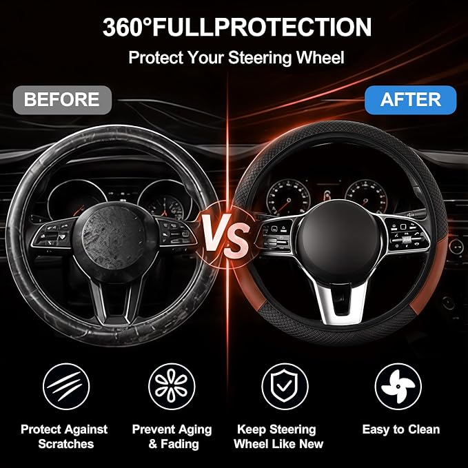 Car Steering Wheel Cover, 15 inch Carbon Fiber Microfiber Anti-Slip Breathable PU Leather Elastic Steering Wheel Protector, Car Interior Accessories for Most Cars (AD-Brown)