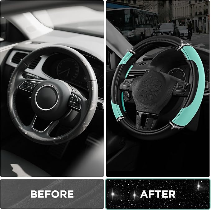 Leather Steering Wheel Cover - Made with PVC Leather - Anti-Slip, Universal Fit 14 1/2 inches to 15 inches - Mint