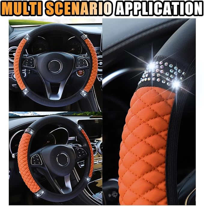 15 Inch Bling Soft Leather Car Steering Wheel Cover, Orange | Colorful Rhinestones Design, Auto Elastic Protector for Women Girls, Crystal Diamond Car Accessories for Most Cars, SUVs