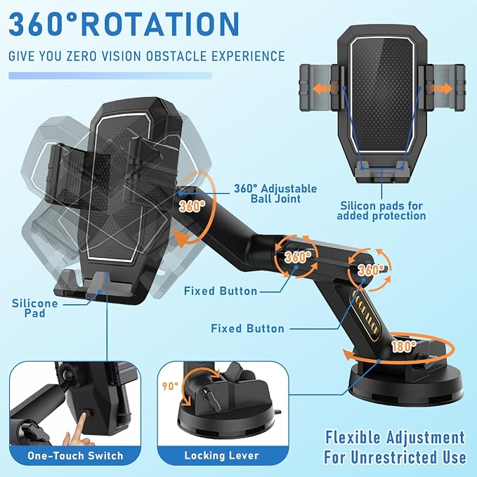 Truck Phone Holder Mount,Car Phone Holder,Dashboard Windshield Phone Holder 16.9 inch Long Arm,Super Suction Cup Compatible with Pickup Truck,Commercial Truck and All Phone