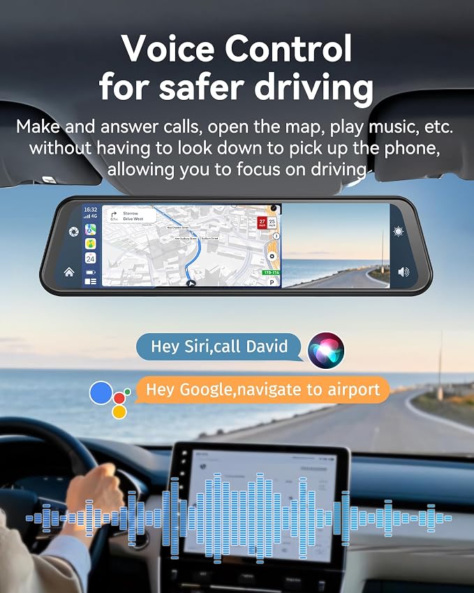 4K Rear View Mirror Camera with Carplay&Android Auto,12" Mirror Dash Cam Front and Rear with Voice Control for Cars&Trucks,Smart Touch Screen,64GB Card Included/Loop Record/Reverse Assist