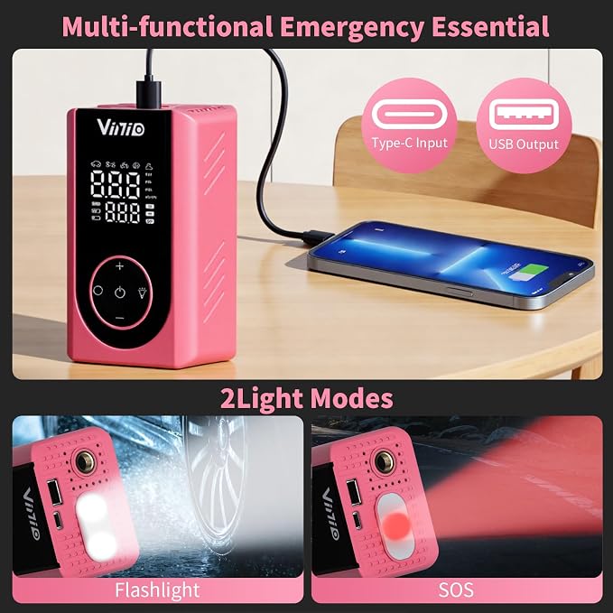 Tire Inflator Portable Air Compressor, LED Display & Auto Shut-Off, 5 Modes, 150PSI Cordless Air Pump with Digital Pressure Gauge for Car, Balls, Bike, Motorcycle, Pink Car Accessories for Women