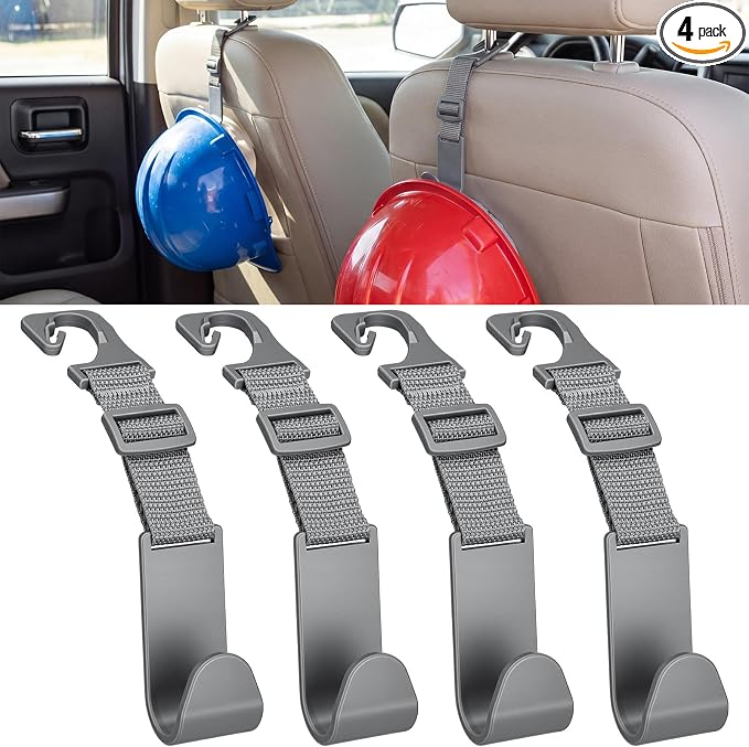 4 Pcs Hard Hat Hook for Truck Adjustable Hard Hat Holder Hardhat Holder Truck Seat Back Organizer 55 lb Load Heavy Duty Hardhat Buddy Hanger Storage Car Vehicle Headrest Bag Gear (Grey)