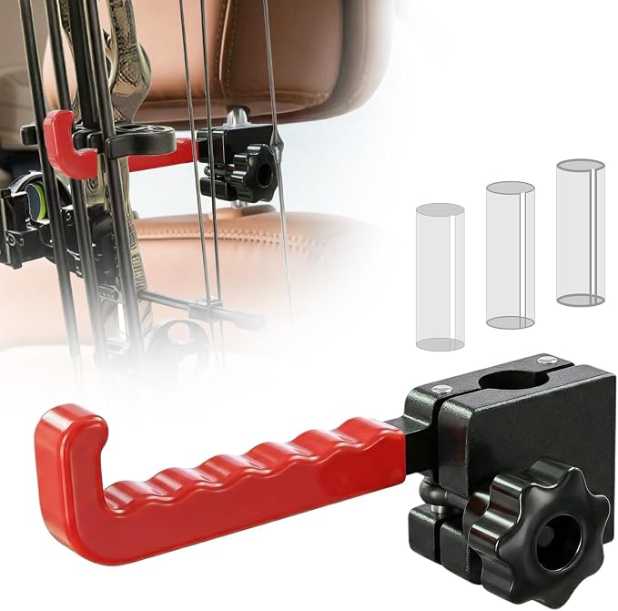 Heavy Duty Steel Bow Hanger for Truck, Red Wave Anti-Slip Hook & Upgraded Twist-Lock Clamp, Universal Compound Bow Holder with 3 Shims for 10-14mm Headrest, Archery Hunting Gear Safe Storage