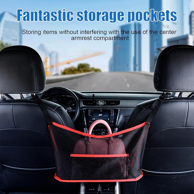 2 PCS Car Net Pocket Handbag Holder, Organizer Mesh Bag Between Two Seat, Driver Storage Netting Pouch for Handbag Purse, Barrier of Backseat Pet, Car Accessories for Women Men (Black & Red)
