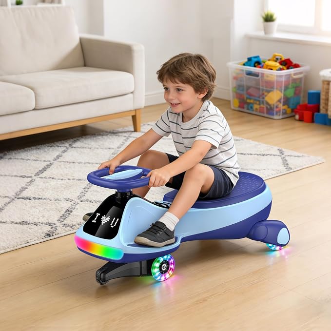 12V Electric Wiggle Car for Kids with Pedal, Display, Rechargeable Battery, LED Light, Bluetooth, Light-Up Wheels, Anti-Rollover, 2 Speeds, Ride on Toys, Birthday Gifts for Age 3+, 150Lbs