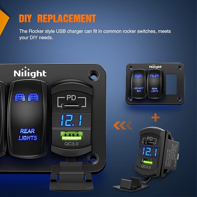Rocker Switch Style USB Outlet LED Voltmeter Quick Connector 12V PD Type C and USB QC 3.0 Cars Replacement with Inline Fuse for Switches Panel on Boats RV Truck Car