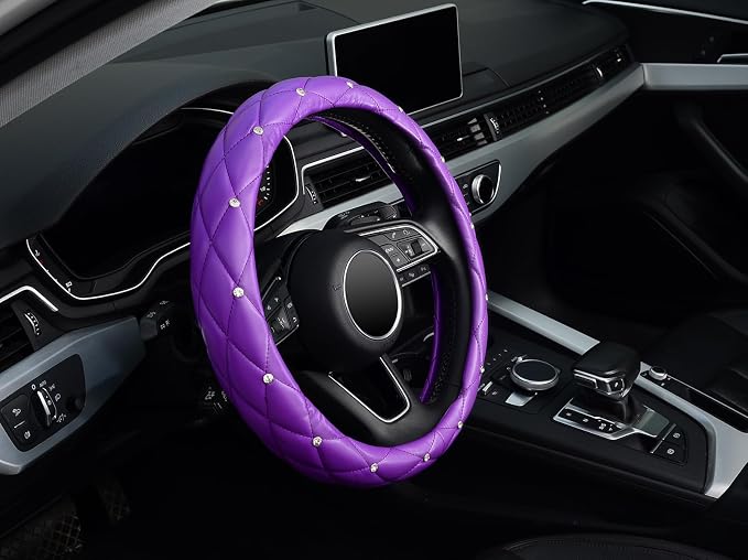 Diamond Soft Leather Steering Wheel Cover with Bling Bling Crystal Rhinestones, Universal 15 inch, Purple