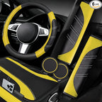 6 Pcs Yellow Car Accessories Set, Sport Leather Steering Wheel Cover 14.5-15inch Universal, Microfiber Leather Car Center Console Cover, Seat Belt Cushion, Cup Holder Coaster (Black-Yellow)