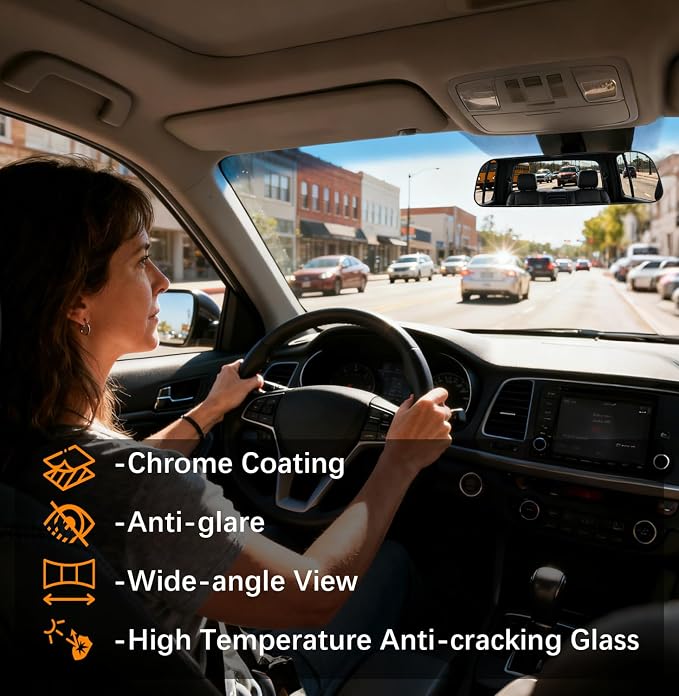 Rear View Mirror, 9.3 Inch Chrome Anti-glare Panoramic Rear Mirrors Universal Convex Car Interior Clip on Extra Big Wide Angle Rearview Mirror Extender to Reduce Blind Spot for Car SUV Truck