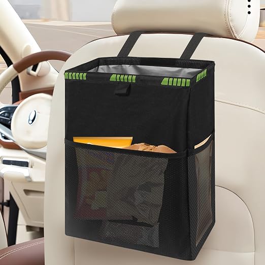Hanging Car Trash Can with 4 Storage Pockets, Waterproof Leakproof Oxford Auto Garbage Bag, Adjustable Garbage Bag, Foldable Car Trash Bin Fit for Truck, SUV, Home, Office