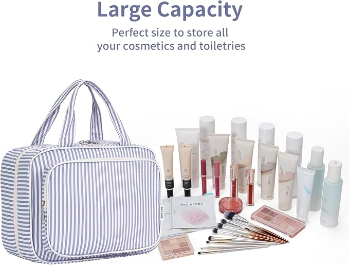 Striped Travel Toiletry Bag for Women Large Hanging Makeup Bag Organizer Toiletries Bag for Full Size Essentials Accessories Cosmetics (Greyish Blue Stripe (Large))