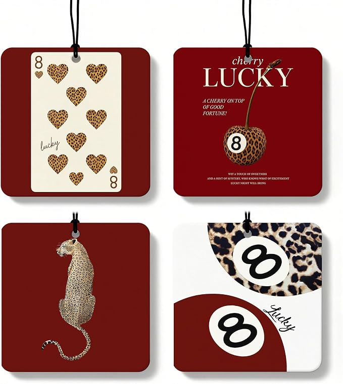 Red Leopard Print Orange Car Air Freshener 4 Pcs, Y2k Cheetah Print Lucky 8 Ball Poker Square Hanging Air Freshener for Closet Drawer Books, Red Cheetah Car Accessories Mirror Decor for Women