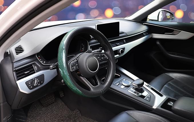 Carbon Fiber Steering Wheel Cover, Universal 15 Inch Microfiber Leather Auot Car Steering Wheel Cover for Women Men, Anti-Slip, Black&Green