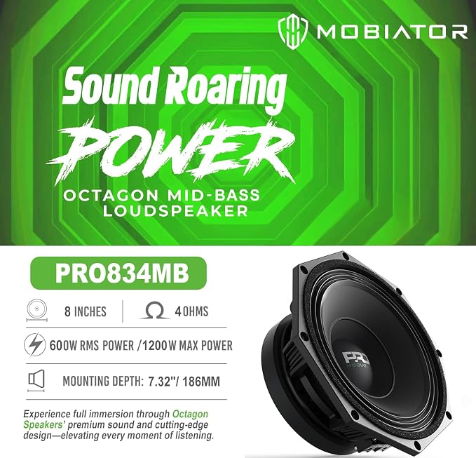 PRO834MB Loudspeaker - 8" Midbass Aluminum Basket, 1400W Max, 350W RMS, 4 Ohms - Premium Quality Audio Door Speakers for Car or Truck Stereo Sound System (MB-PRO834MB)