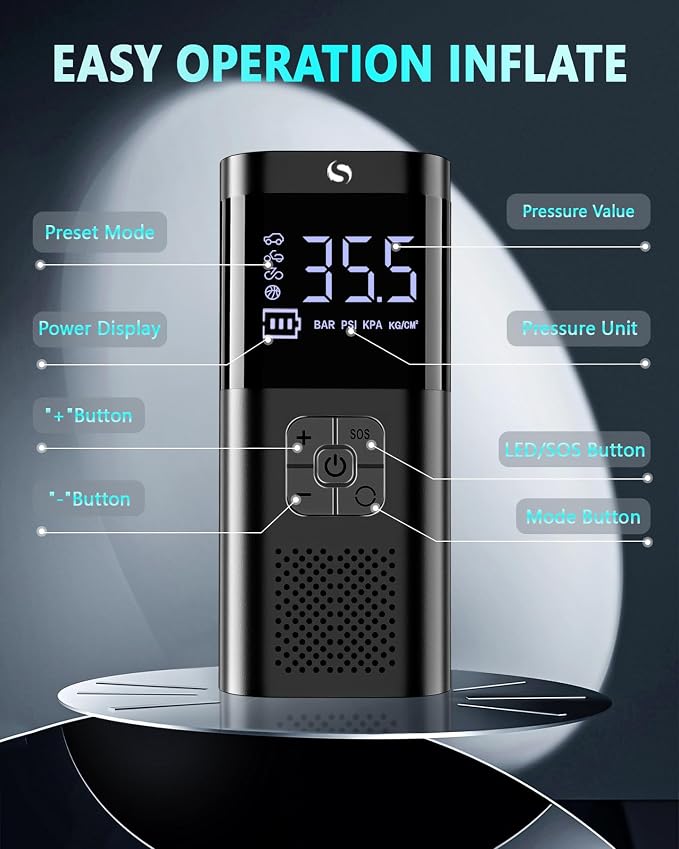 Tire Inflator Portable Tire Compressor, Cordless Tire Inflator with LED Light for Car Motorcycle Bicycle Ball, Car Accessories Essential for Men, 150PSI Air Tire Pump with Gauge