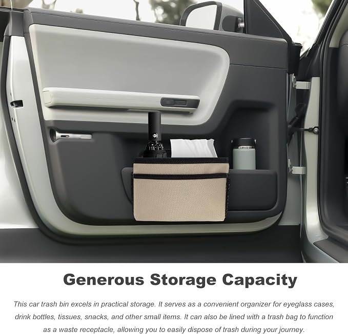 Car Trash Can, Foldable Multi-Pocket Design Auto Hanging Storage Container with Garbage Bags, Multifunctional Mini Oxford Storage Bag Garbage Holder for Cars SUVs Trucks (Beige)