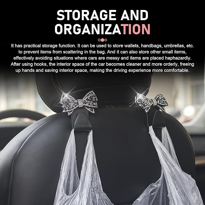 2PCS Bling Bow Car Seat Headrest Hooks, S Type Cute Bow Car Seat Back Hanger Storage for Purses Bags Grocery, Crystal Rhinestone Vehicle Rear Seats Organizer, Universal for Most Cars (White)