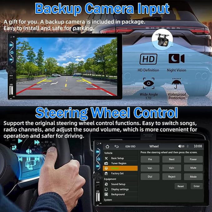 Double Din Car Stereo with Apple Carplay and Android Auto, 7 Inch Full HD Touchscreen Car Radio Bluetooth, Car Stereo with Backup Camera, Support Mirror Link/Steering Wheel/USB/AUX/Subwoofer