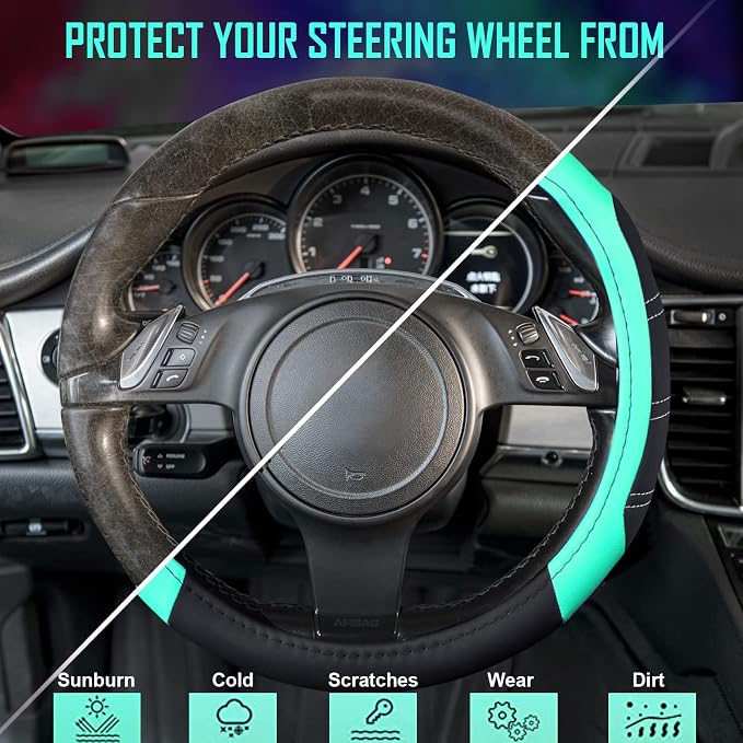 Line Rider Microfiber Leather Sporty Steering Wheel Cover Universal Fits for 95% Truck,SUV,Cars, 14.5-15 inch Anti-Slip Safety Comfortable Design (Black Mint Blue)