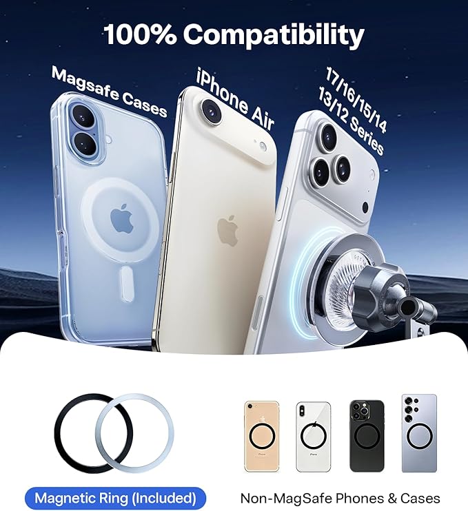 2026 Upgraded Vacuum Car Phone Holder for MagSafe Car Mount [98+ LBS Strongest Suction | 24 N58 Magnets] 360° Adjustable Magnetic Phone Holders for Your Car, for iPhone 17-12 Pro Max Plus Air