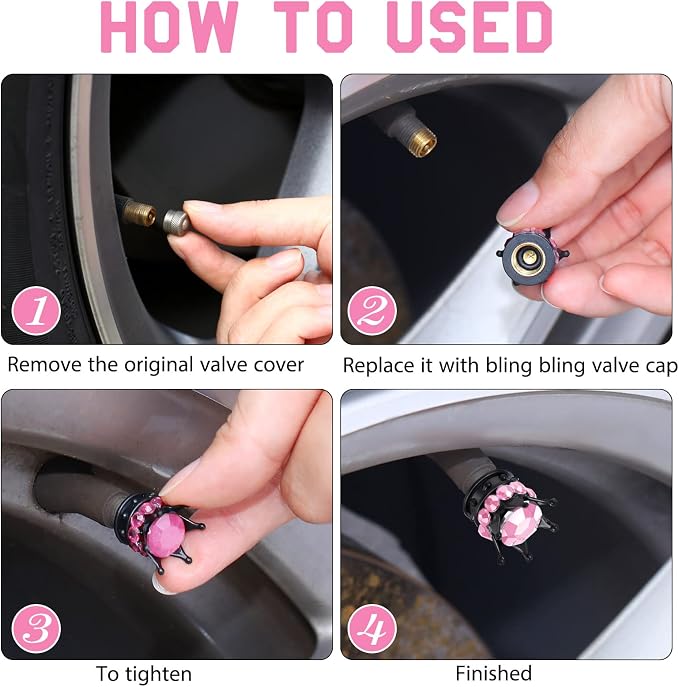 4 Pieces Crown Tire Valve Stem Caps Bling Handmade Crystal Rhinestone Universal Chrome Crown Vehicle Car Tire Caps Covers, Attractive Accessories for Car (Pink and Black)