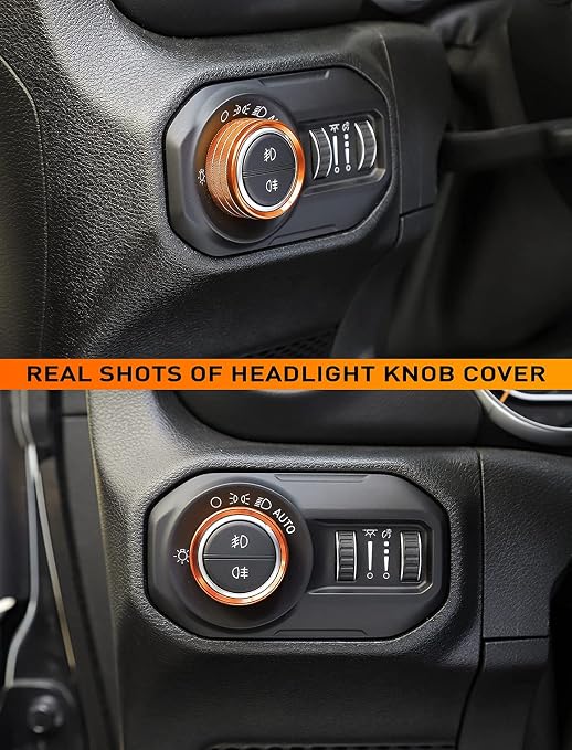 HVAC Climate Control Panel Knob Trim Kit & Light Control Switch Cover, Air Conditioner Knob Aluminum Alloy Ring for 2018-2025 Jeep Wrangler JL JLU & Gladiator JT, Interior Accessories,Orange