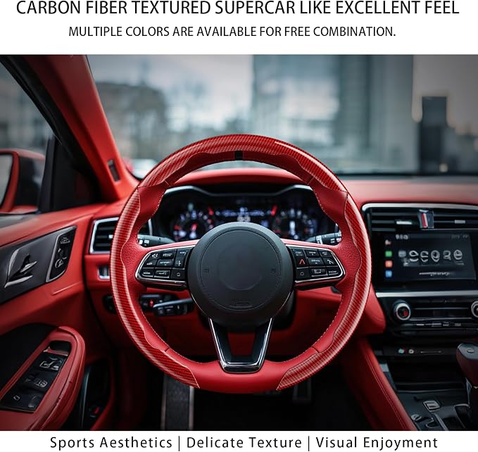 Steering Wheel Covers, 3PCs Carbon Fiber Anti-Skid Clip on Car Steering Wheel Cover Protector Universal for Most Car, Red