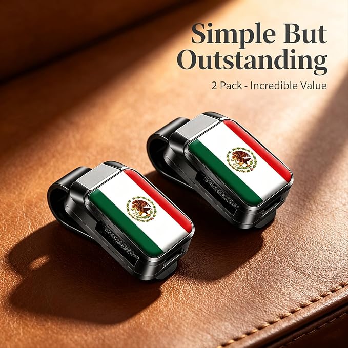 2 Pack Sunglasses Holder for Car, One-Handed-Operation Visor Sunglass Holder Clip, Easy Access Storage for Driving,Universal Fits (Black-Mexican Flag)