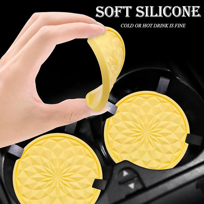 2 Pack Silicone Car Cup Holder Coaster – 2.75 Inch Non-Slip Drink Mat, Universal Fit for Most Vehicles – Cute & Functional Auto Accessories (Yellow)