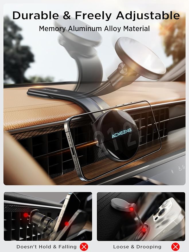 15W Only for iPhone MagSafe Car Mount Charger, 360% Adjustable Aluminum Alloy Arm, Relocatable Car Phone Holder, Magnetic Wireless Fast Charging, Cell Phone Holder for All Car Models, Black
