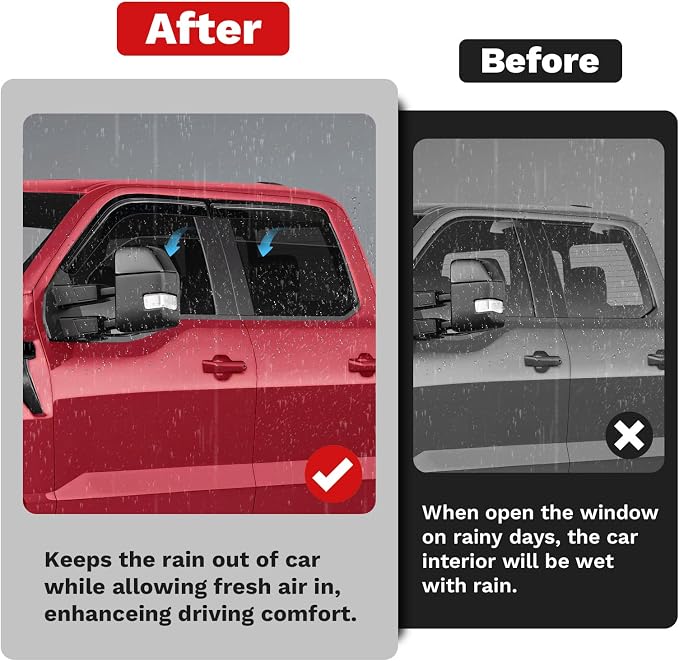 Window Visors Rain Guards for 2015-2025 2026 Ford F150 SuperCrew/2017-2026 F250/F350/F450/F550/Super Duty Crew Cab Accessories, Tape-On Side Window Wind Deflectors Vent Visors Rainproof Black