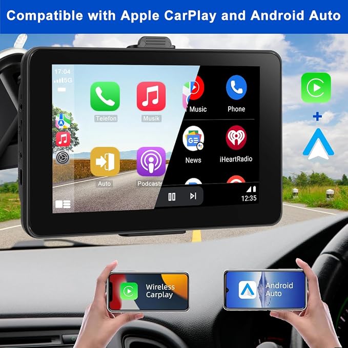 Portable Carplay Screen for Car Compatable with Apple CarPlay and Android Auto,Wireless Car Play Unit with GPS Navigation,Bluetooth,Mirror Link,Touch Screen for All Vehicles (7 Inch+Reverse Camera)