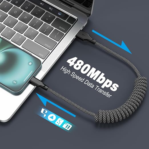 Coiled Carplay Car Charger Fast Charging, [1-Pack, 3ft] Retractable Braid USB A to USB C Cable for iPhone 17/17 Air/16/15/Plus/Pro Max/MacBook Pro/Samsung Galaxy S10/Android Devices, USB C Cord, Grey