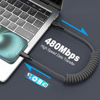 Coiled Carplay Car Charger Fast Charging, [2-Pack, 3ft] Retractable Braid USB A to USB C Cable for iPhone 17/17 Air/16/15/Plus/Pro Max/MacBook Pro/Samsung Galaxy S10/Android Devices, USB C Cord, Grey