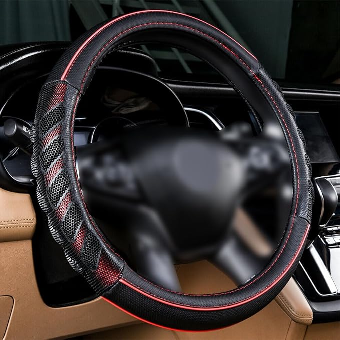 car Steering Wheel Cover Faux Leather Massage Universal fit 3D Honeycomb Hole Anti-Slip Sporty 15 Inches (Red Black)