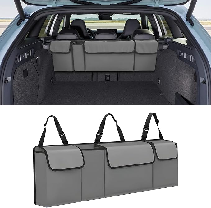 Car Trunk Organizer, Waterproof Collapsible Cargo Bag with 4 Pockets,Backseat Hanging Large Storage with Adjustable Straps, Sturdy Space Saver Frees Trunk Floor for SUV, Truck (Gray)