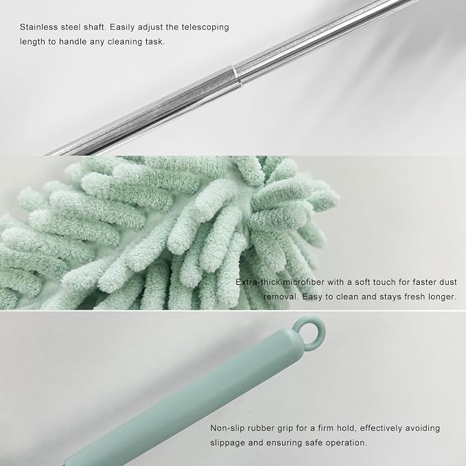2 PCS Car Interior Duster with Extension Pole, Stretchable Chenille Vehicle Dusters with Bendable Head, Scratch Free Dusters Soft Cleaning Tool for Car Exterior & Interior (Light Green)