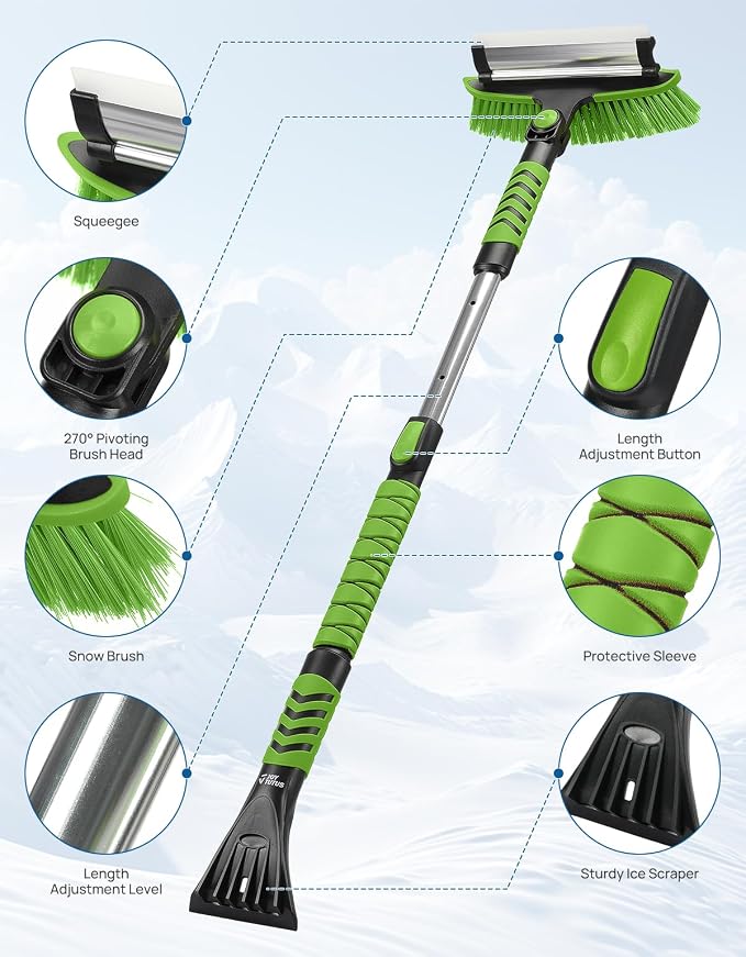 41.5IN Extendable Snow Brush and Ice Scraper, 270°Pivoting Snow Scraper Brush for Car Windshield, Telescoping Ice Scraper, Foam Grip, Heavy Duty Snow Remover for Cars, Trucks, SUV (Green)